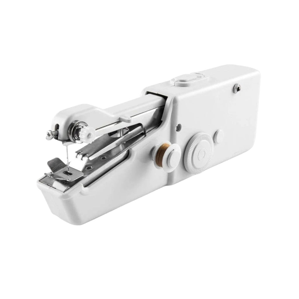 The  mini electric sewing machine held in hand, illustrating its portable scale.