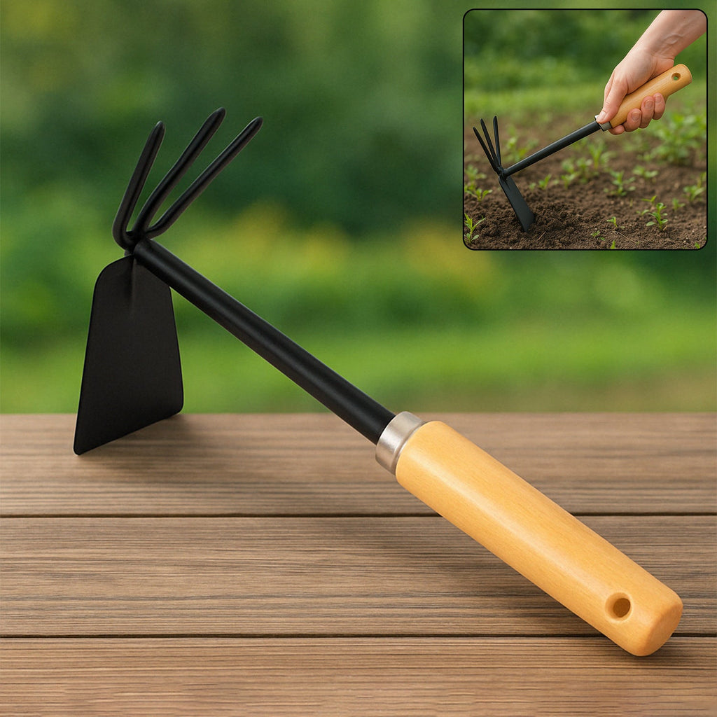 Close-up of the 2-in-1 double hoe, highlighting its wooden handle and durable carbon steel head.
