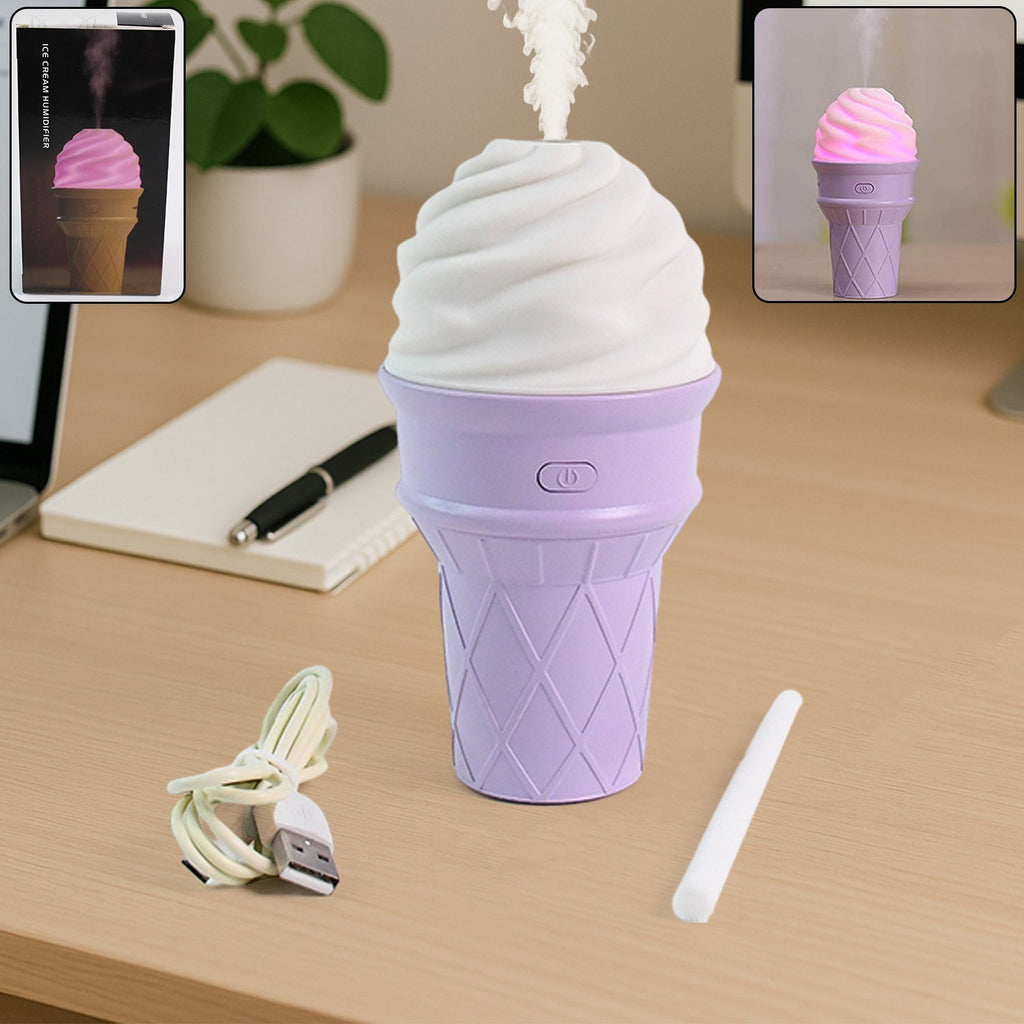 Purple ice cream cone humidifier with LED light on a desk