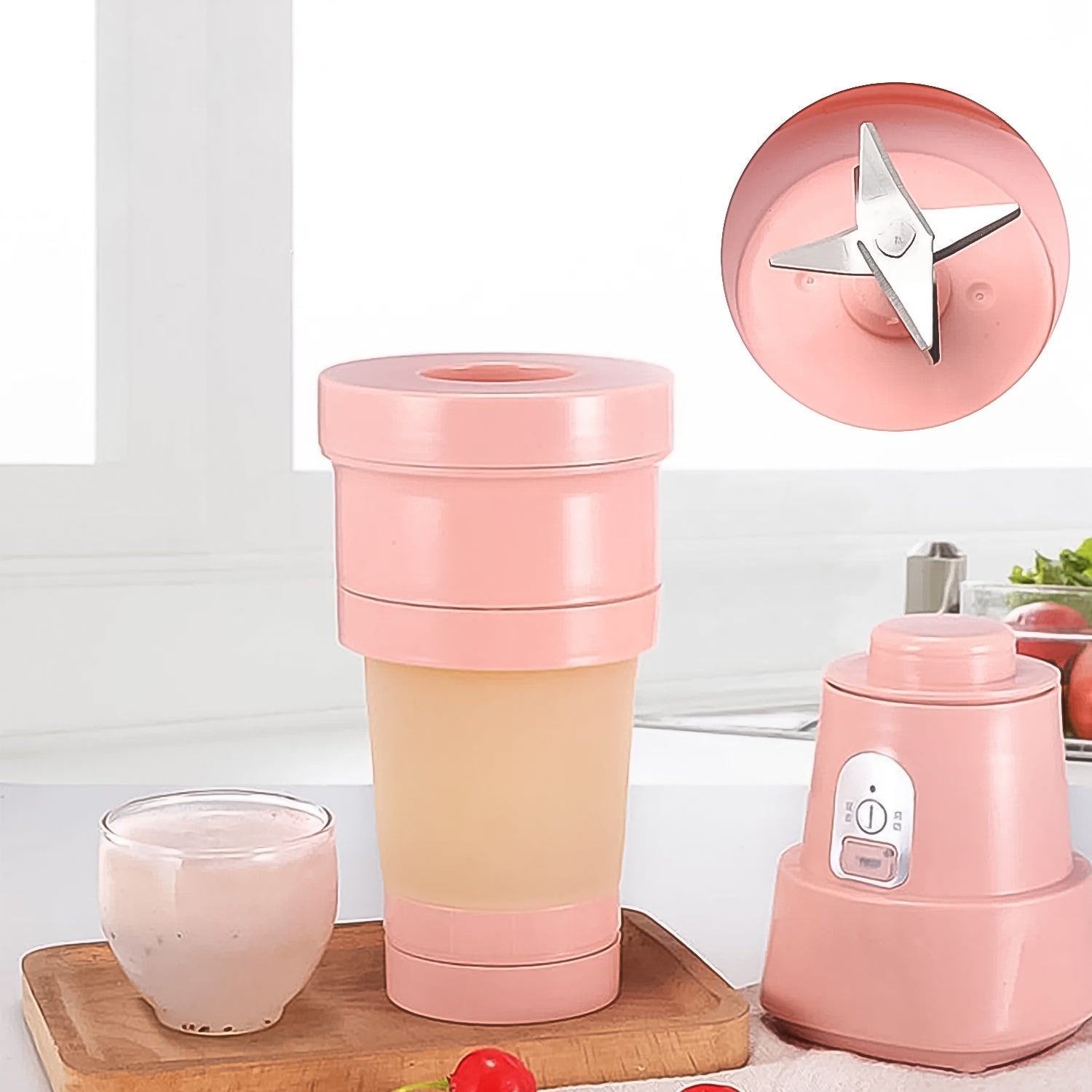 Compact Portable Electric Juicer with lid on a clean surface.