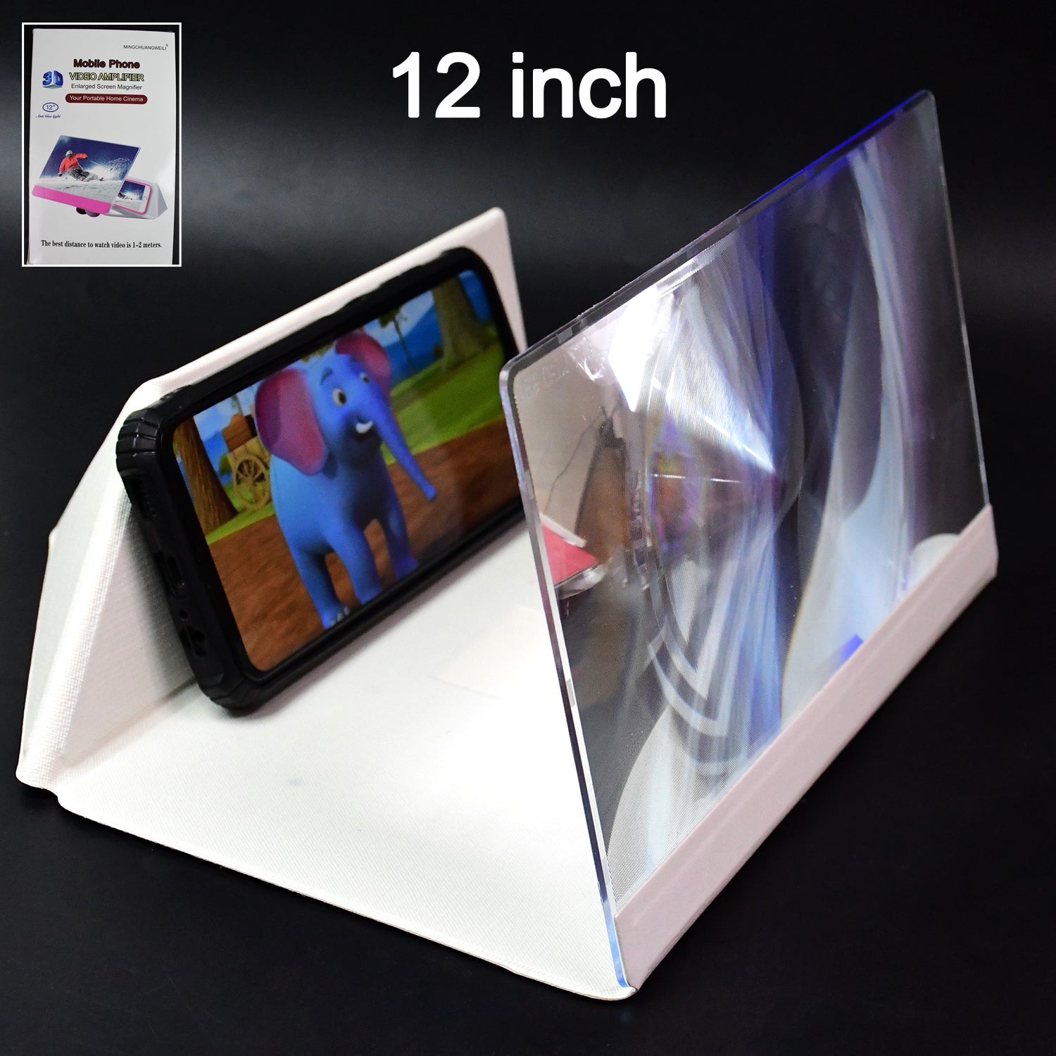 Front view of the HD video enlarger set up with a smartphone.