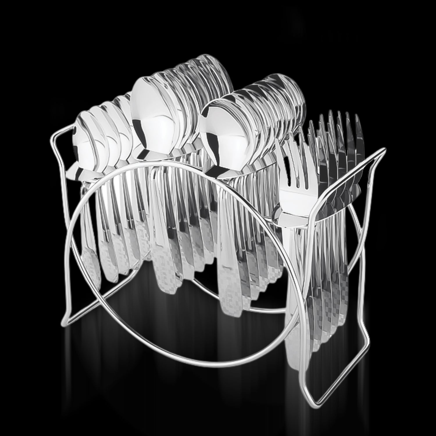 24-piece stainless steel cutlery set with elegant storage stand on table