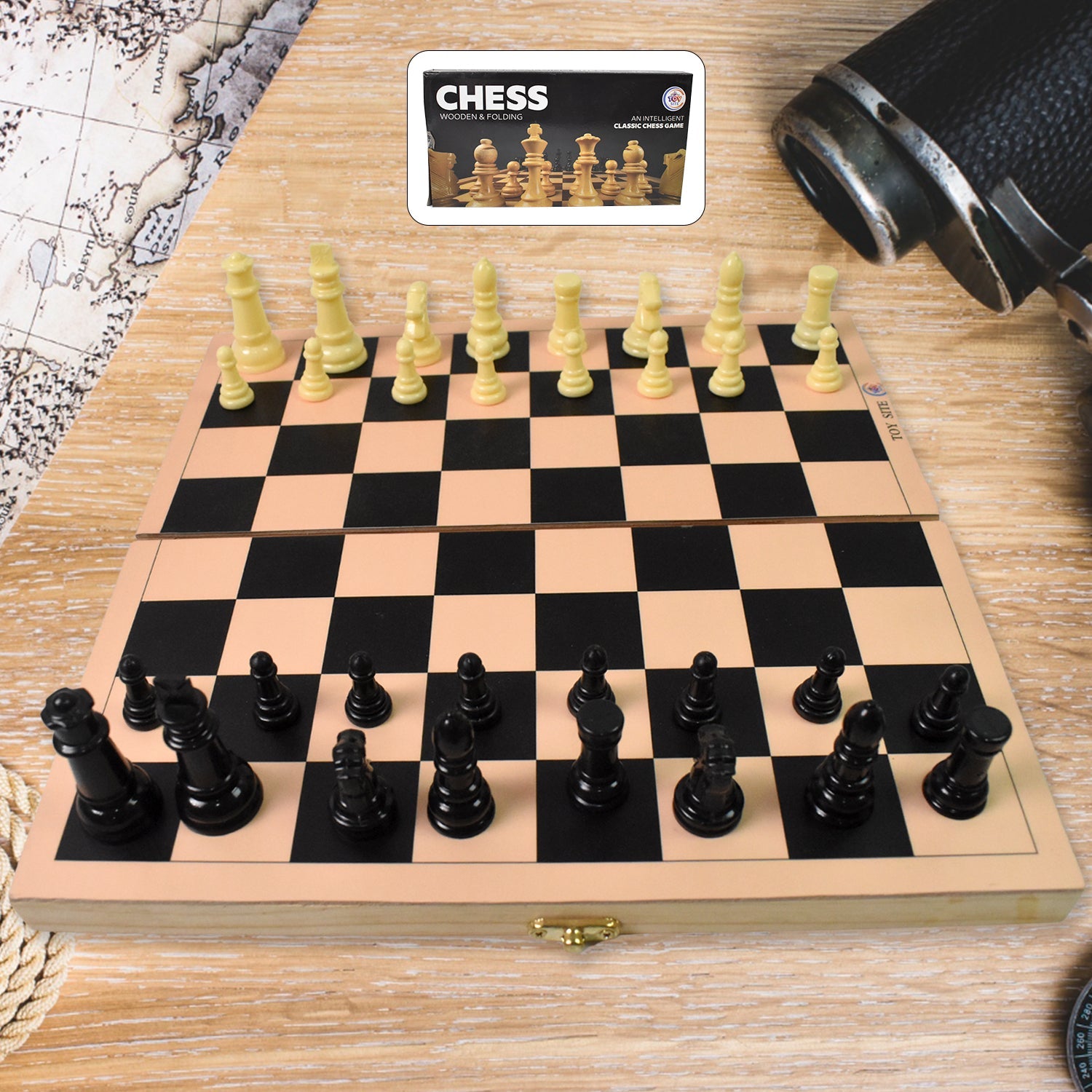 Folding wooden chess set by Boardoria, with the board closed and pieces stored inside.