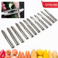 Full 12-piece stainless steel peeler set displayed on a kitchen counter, ready for use.