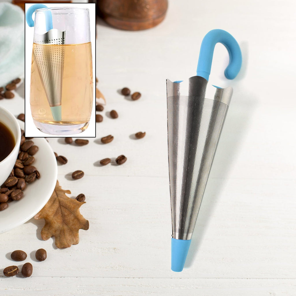 Colourful umbrella tea strainers displayed together, ready for use.