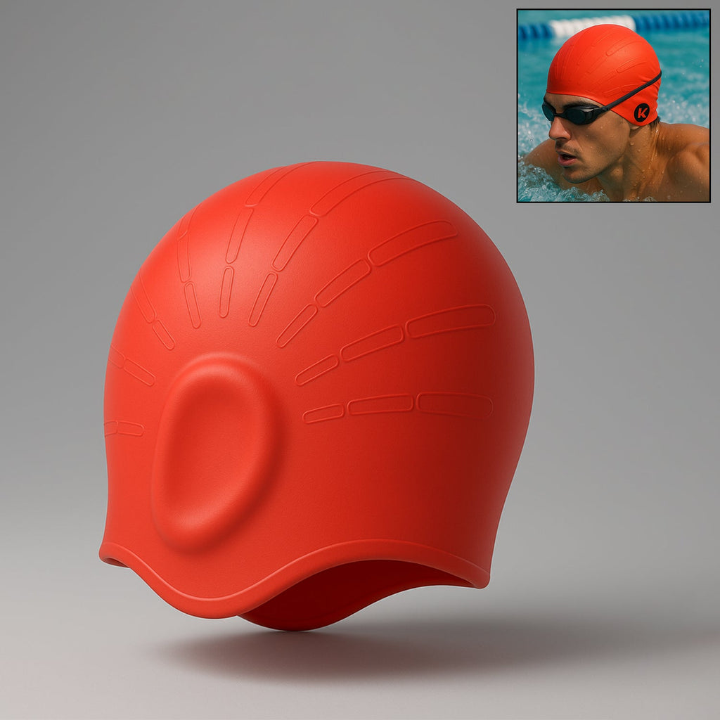 Red silicone swimming cap front view showing durable material