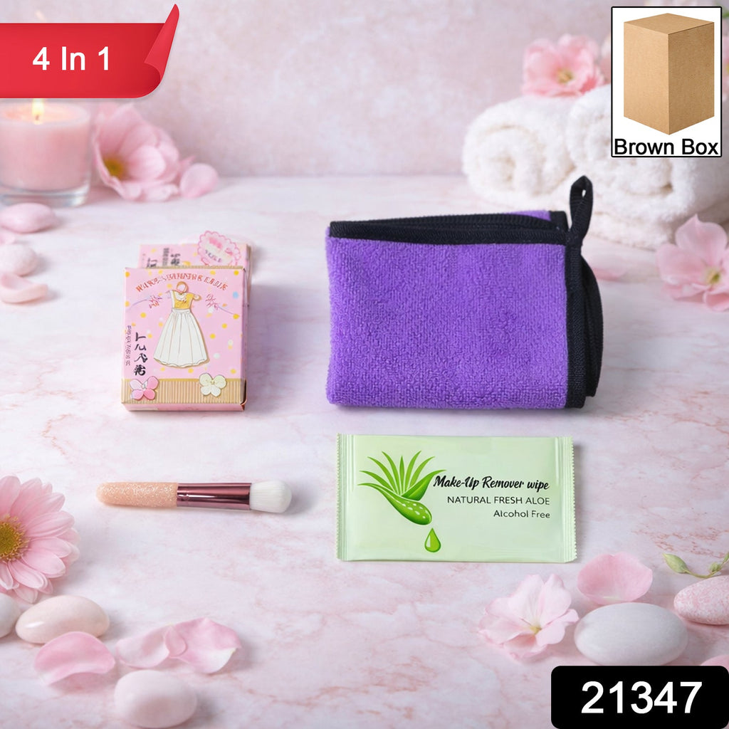 Using gentle makeup remover wipe and soft reusable cleansing cloth from beauty care set