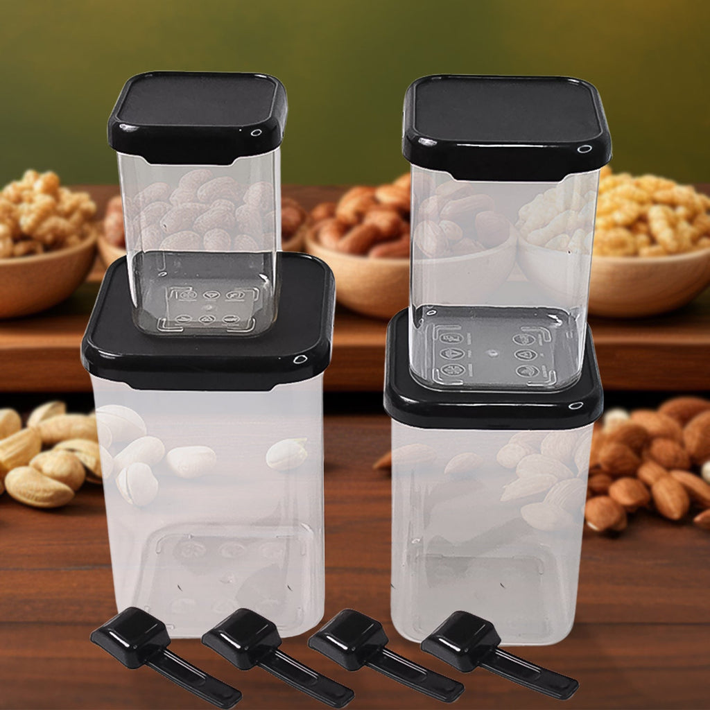 Set of 4 air tight plastic food storage containers with spoon and white lids