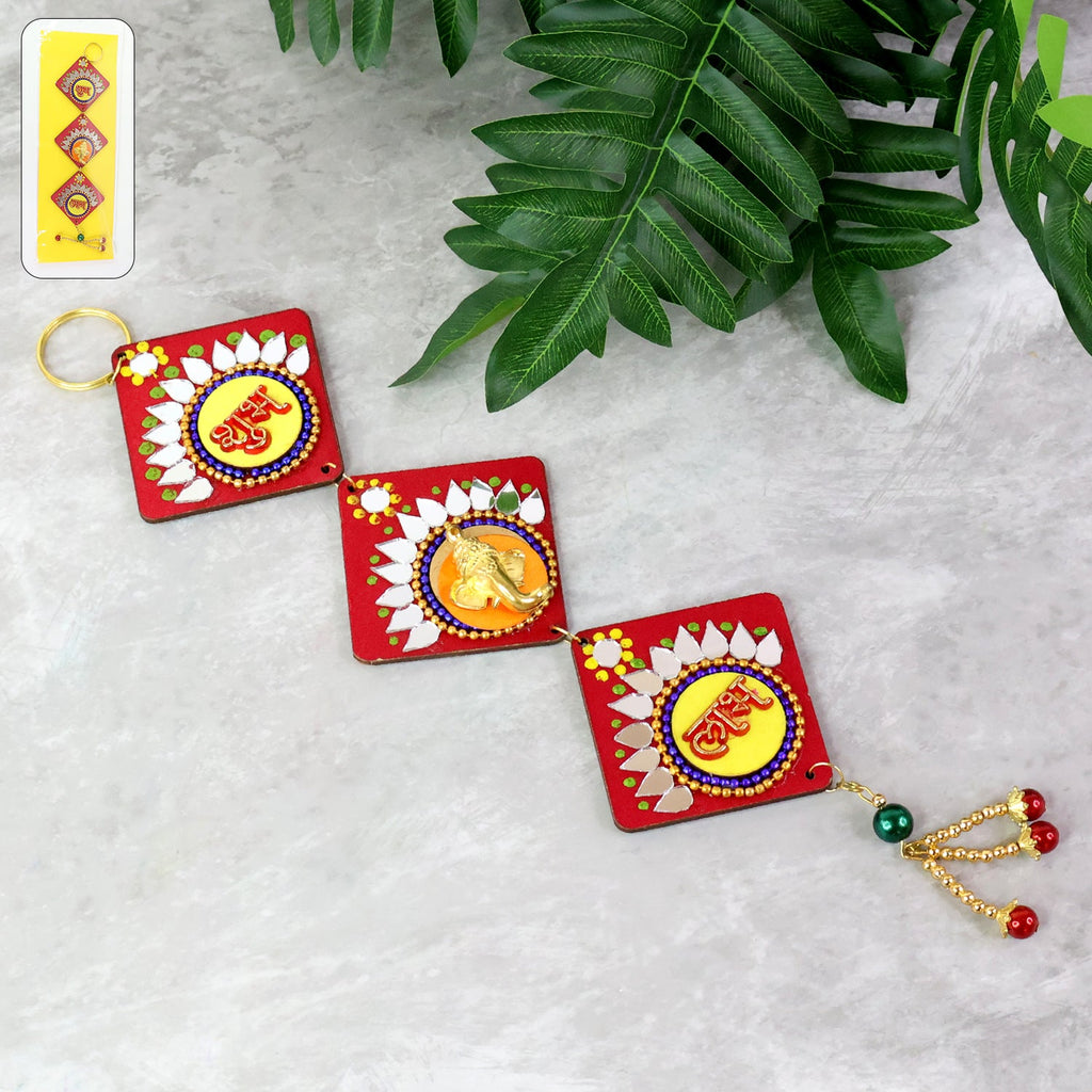 Traditional Labh Shubh wall hanging with vibrant colors and golden embellishments