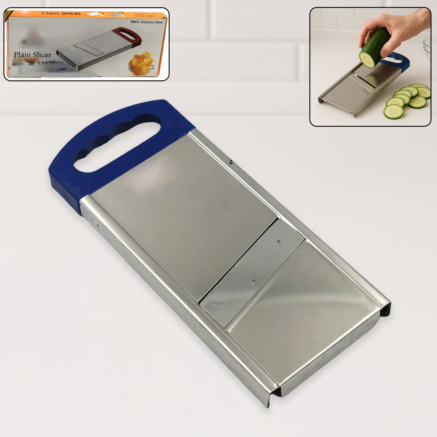 Compact potato slicer placed on a clean kitchen countertop, ready for use.