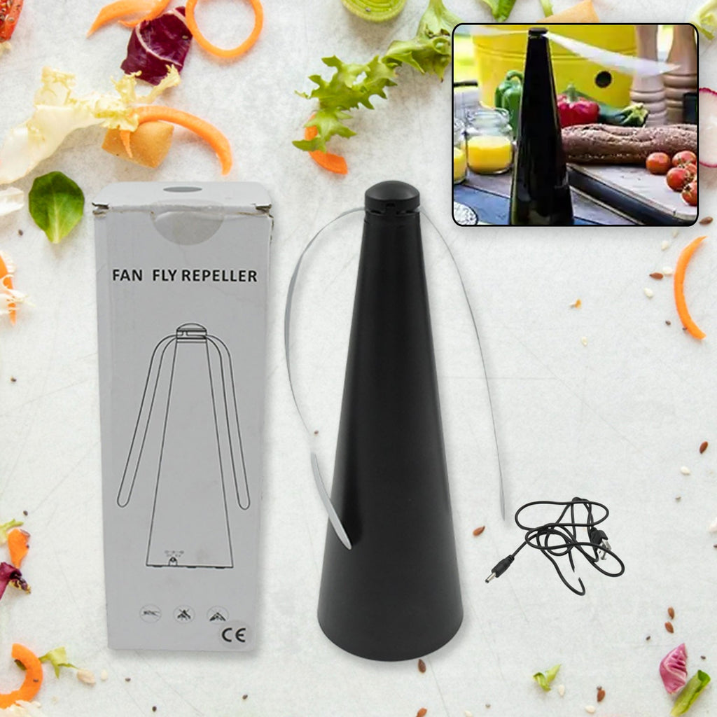 Close-up of the Fly Repellent Fan, highlighting battery and USB power options.