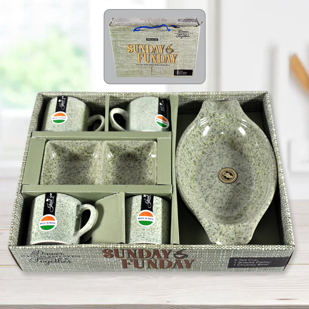 A complete six-piece Ceramic Snack & Tea Set from Serve Stellar, featuring four ceramic cups, a snack platter, and a two-compartment chutney bowl.