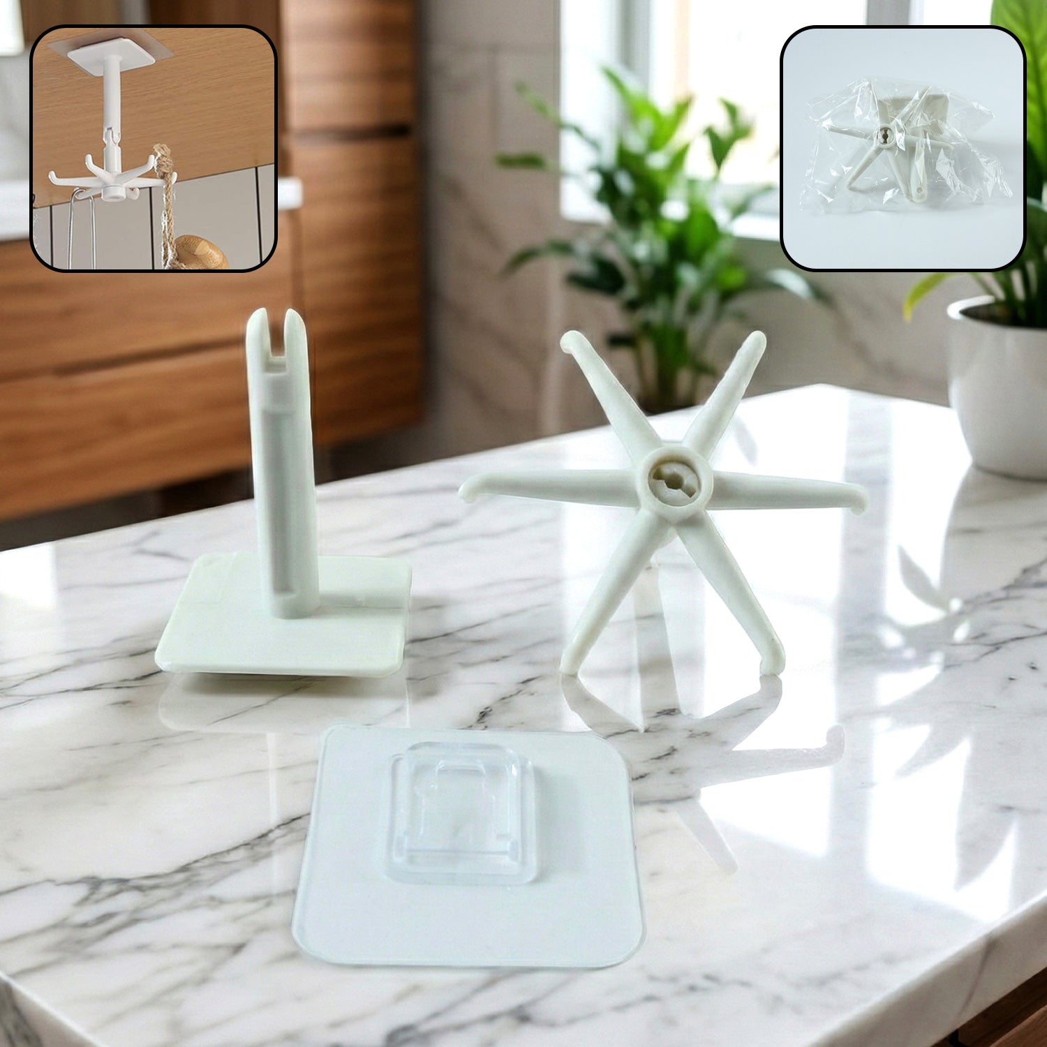 Black self-adhesive wall hook rotating on a kitchen tile wall, holding a spatula.