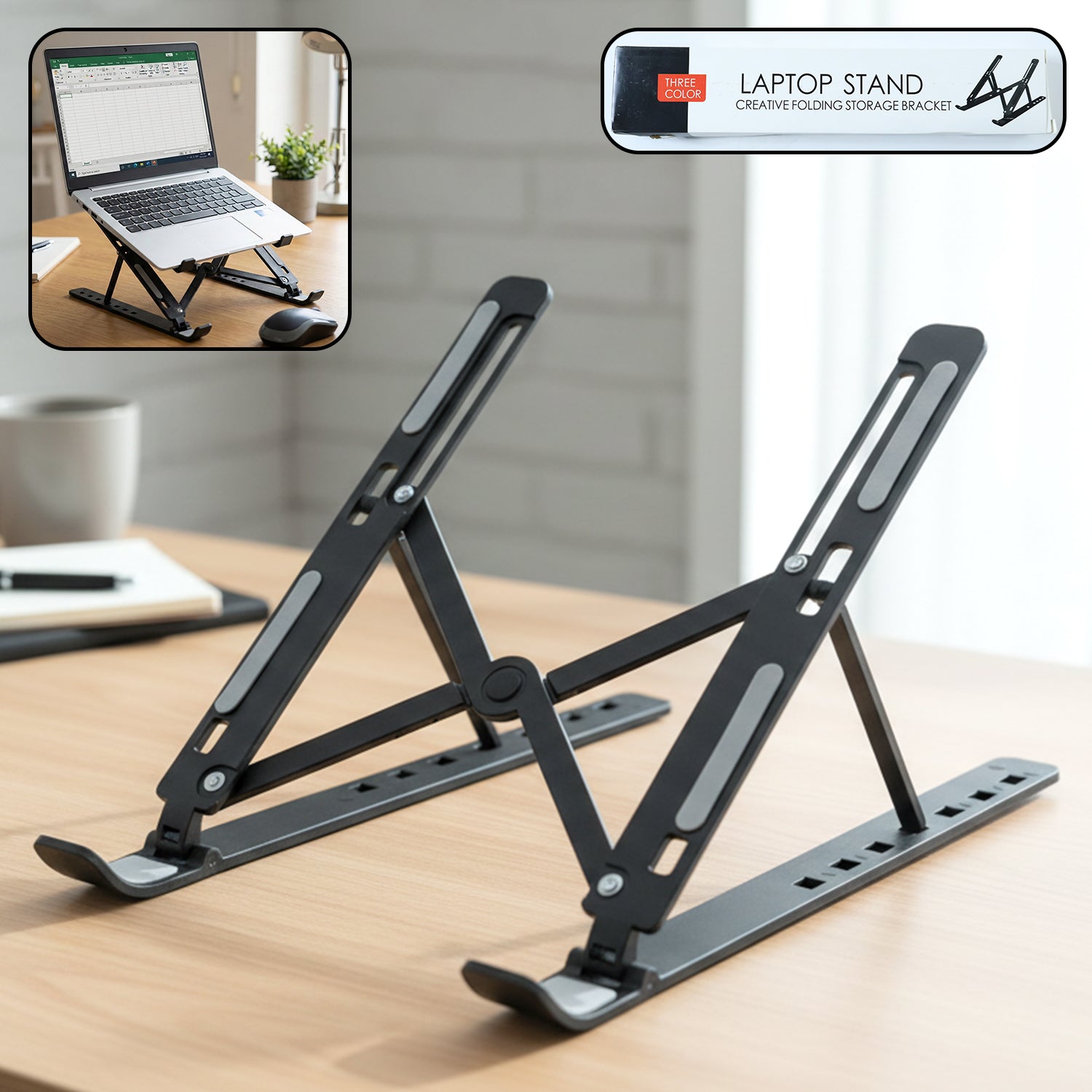 Adjustable tablet stand holding a tablet on a modern desk, showcasing its ergonomic design.