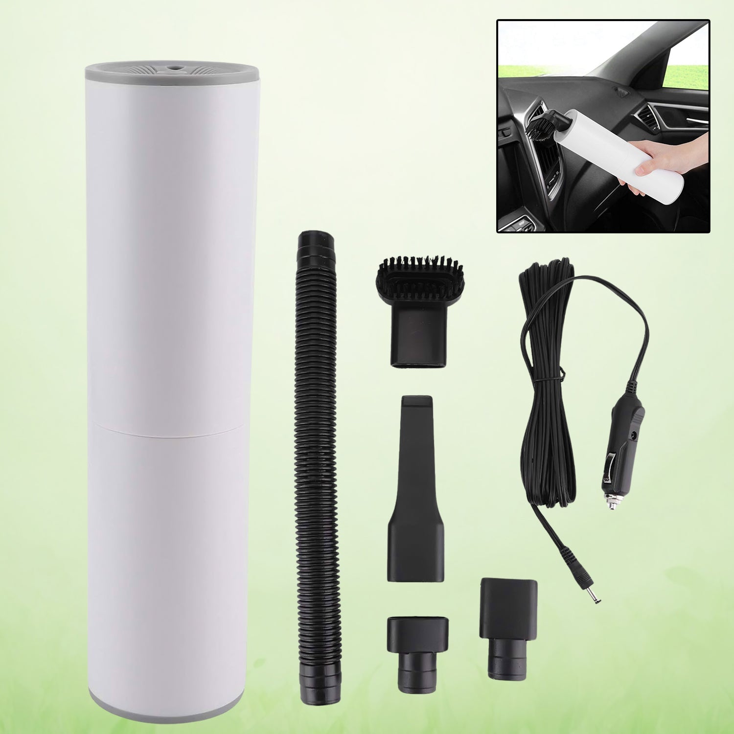Portable car vacuum cleaner, compact and ready for use.