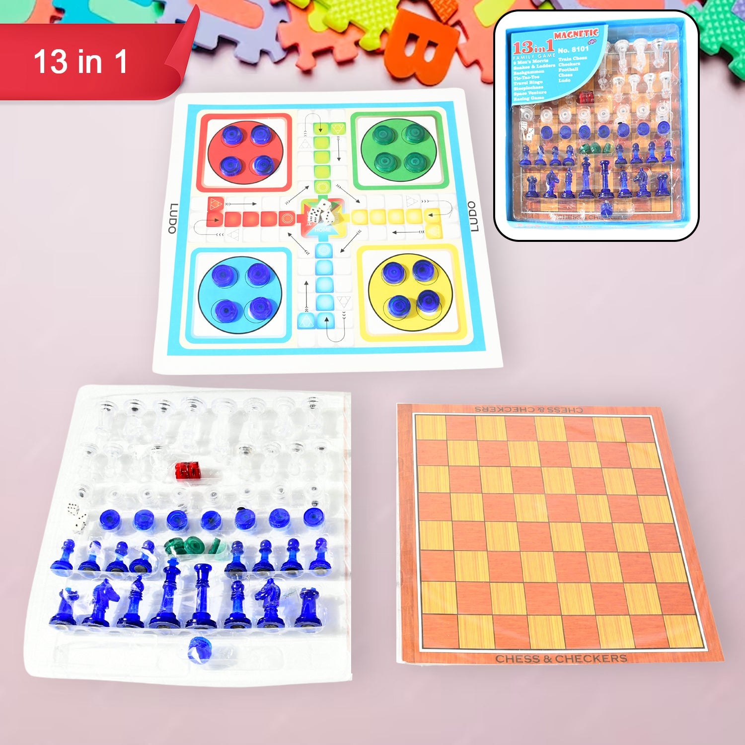 Top-down view of the compact 13-in-1 family board game set, ready for play.