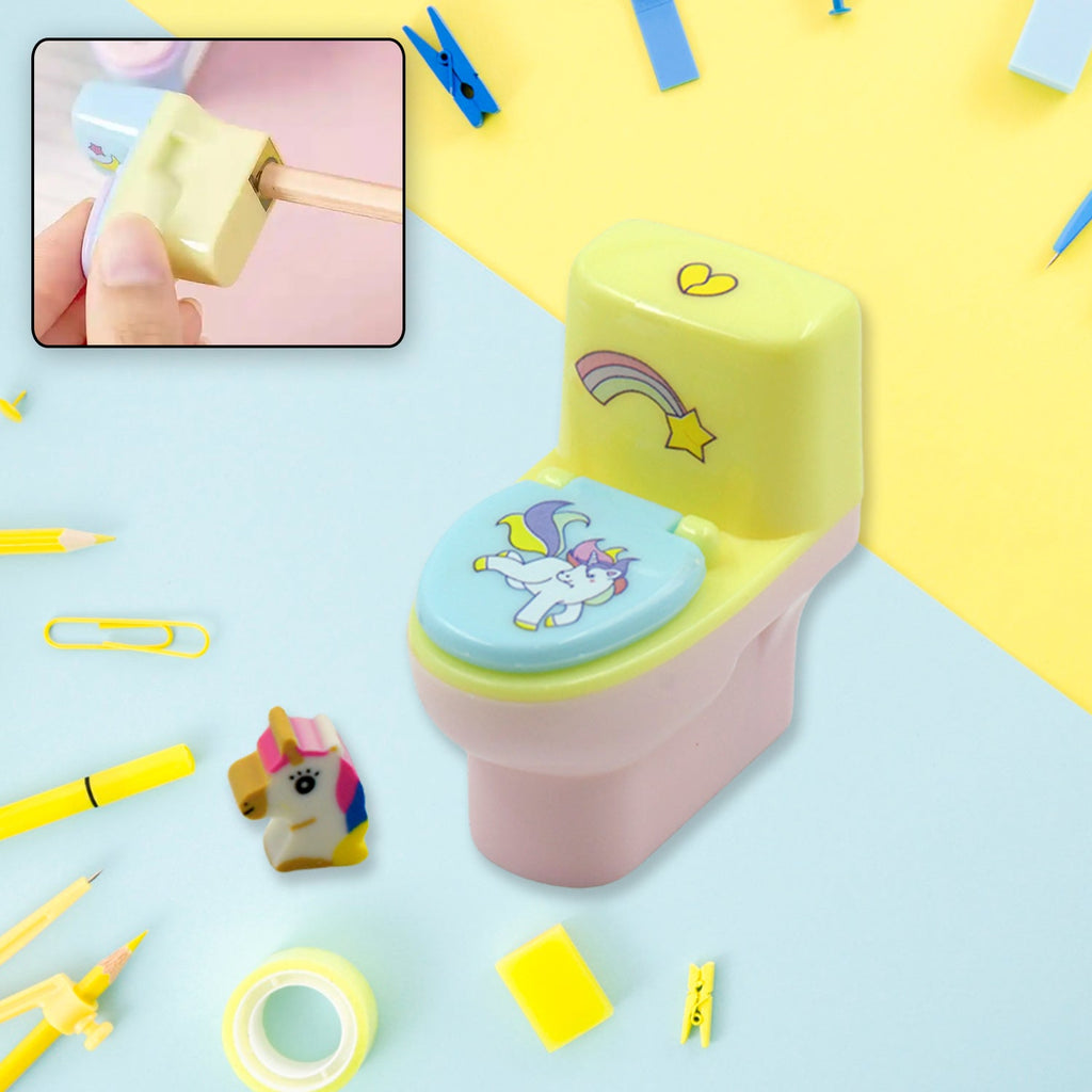 Two toilet pencil sharpeners with erasers, presented as a fun stationery set.