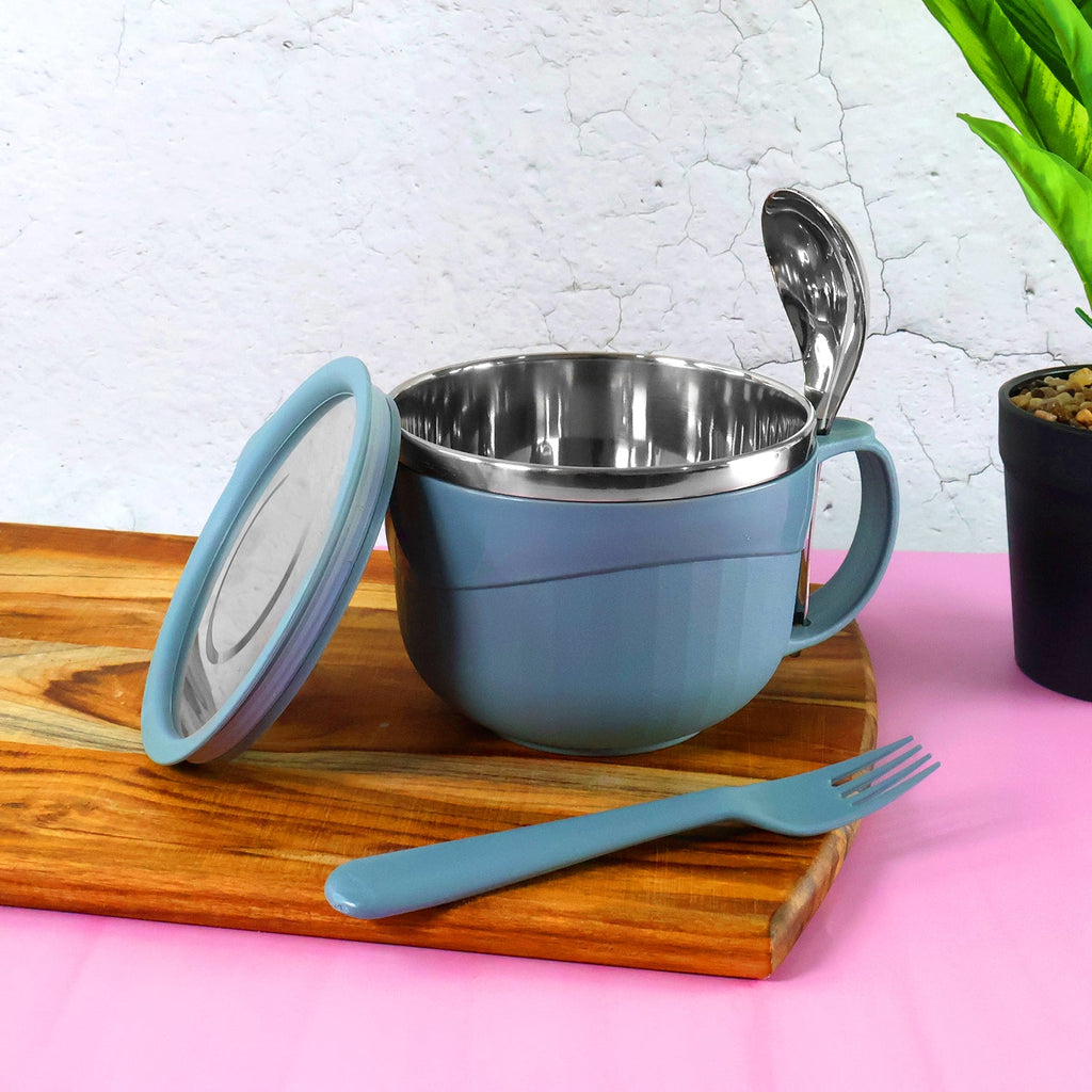 Dusty blue 700ML insulated soup and noodle bowl with airtight lid and utensils