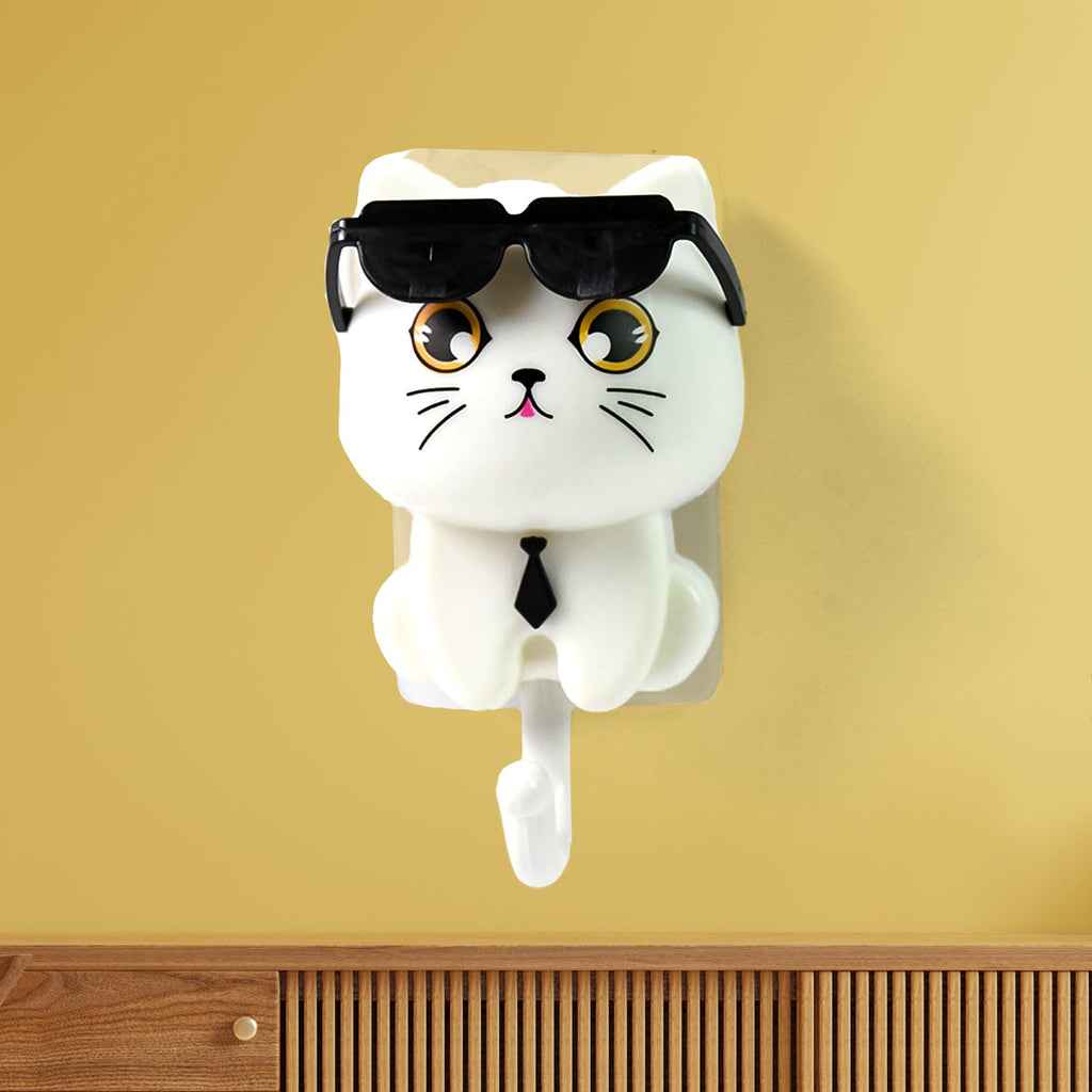 Cute cat wall hook in lavender with sunglasses down, ready to hold keys or coats.