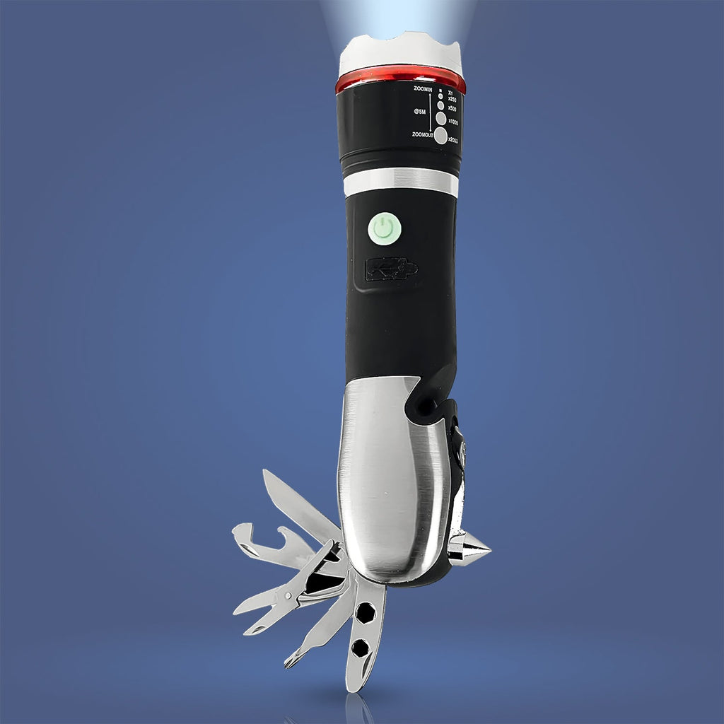 Multi Tool LED Flashlight with a sleek black finish.