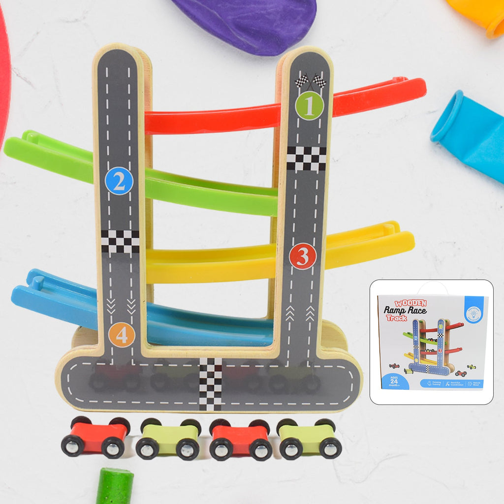 Wooden race track set with four levels and colourful mini cars, ready for play.