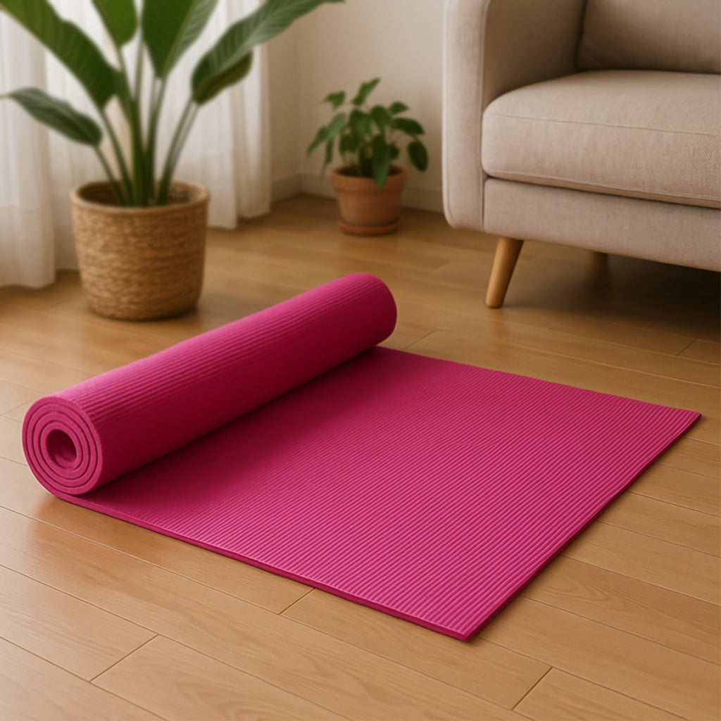 Rolled up non-slip fitness mat, showcasing its portability.