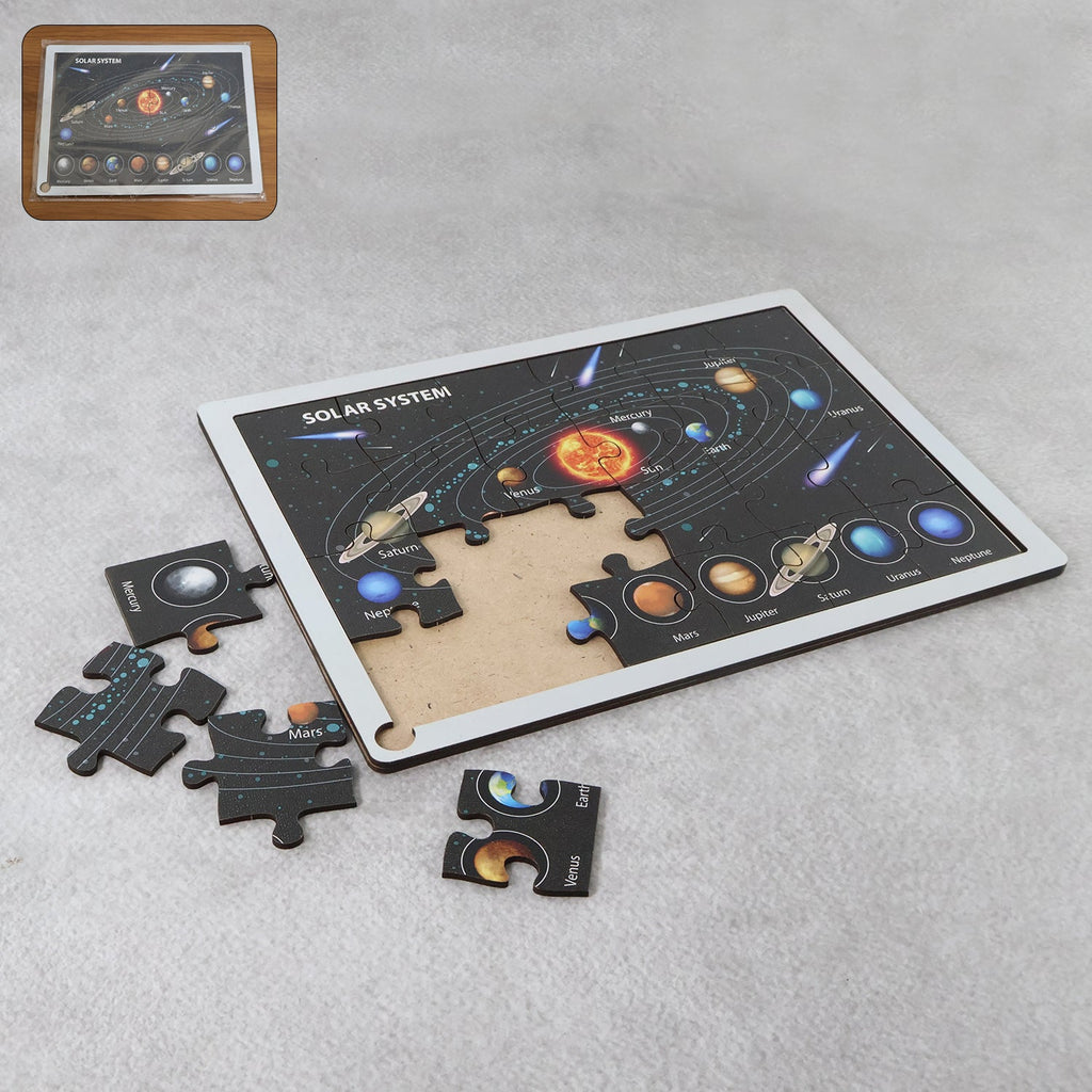 Wooden Solar System Puzzle for kids with labeled planets and space background