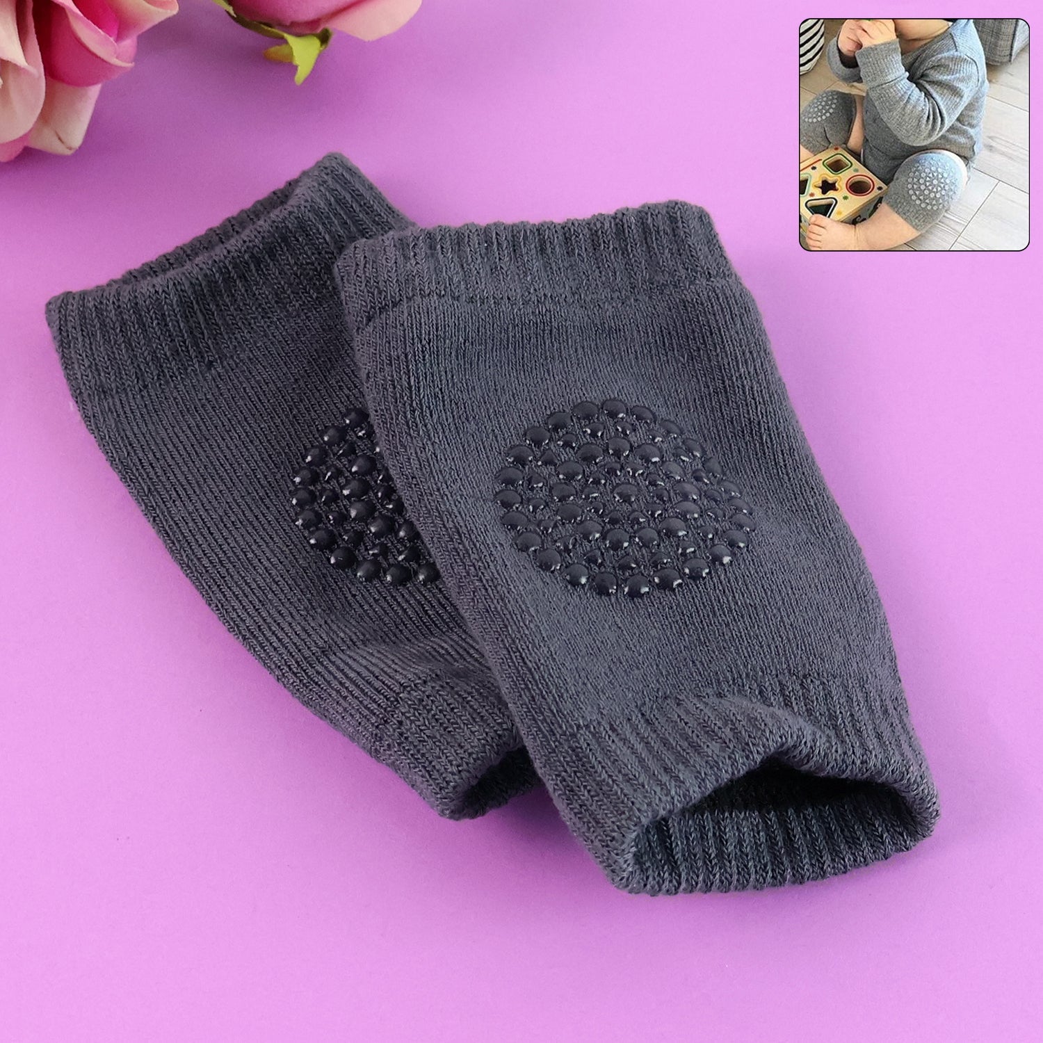 Dark grey toddler wool knit leg warmers with protective knee pads