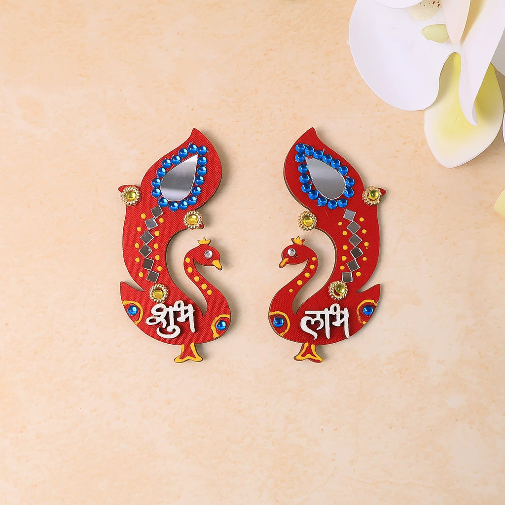 Handcrafted wooden Shubh Labh wall hanging with intricate mirror and stone decorations