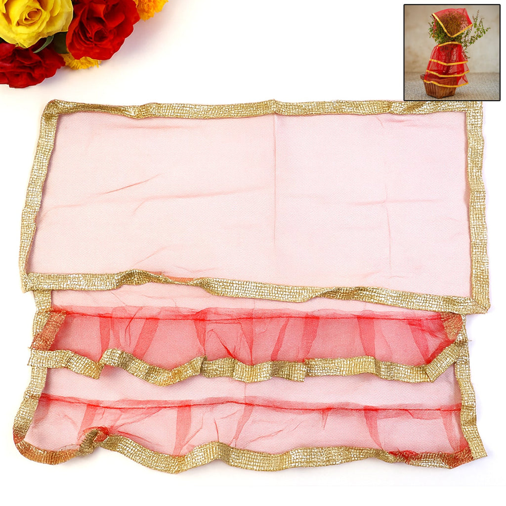 Premium Tulsi Vastra pooja cloth featuring vibrant red fabric with gold border for worship use