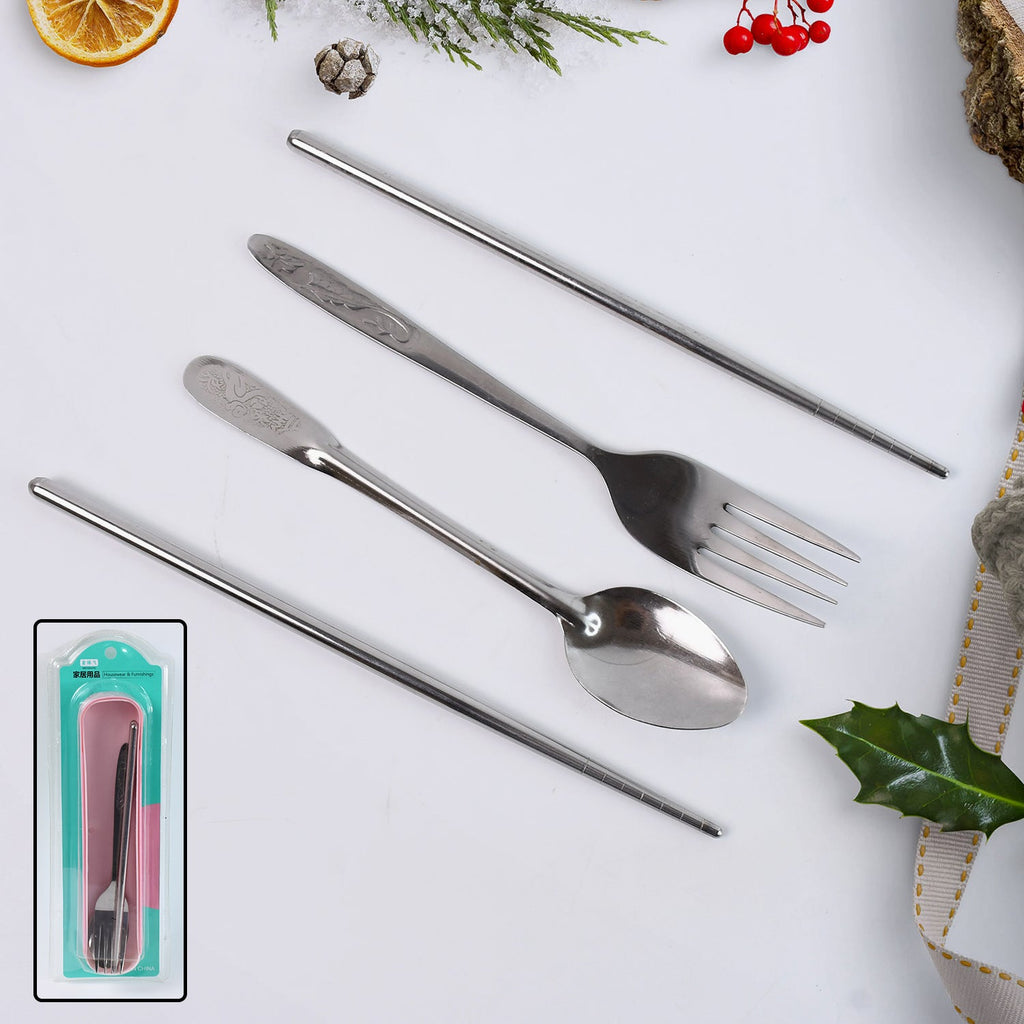 4-piece portable stainless steel cutlery set with fork, spoon, chopsticks, and carrying case