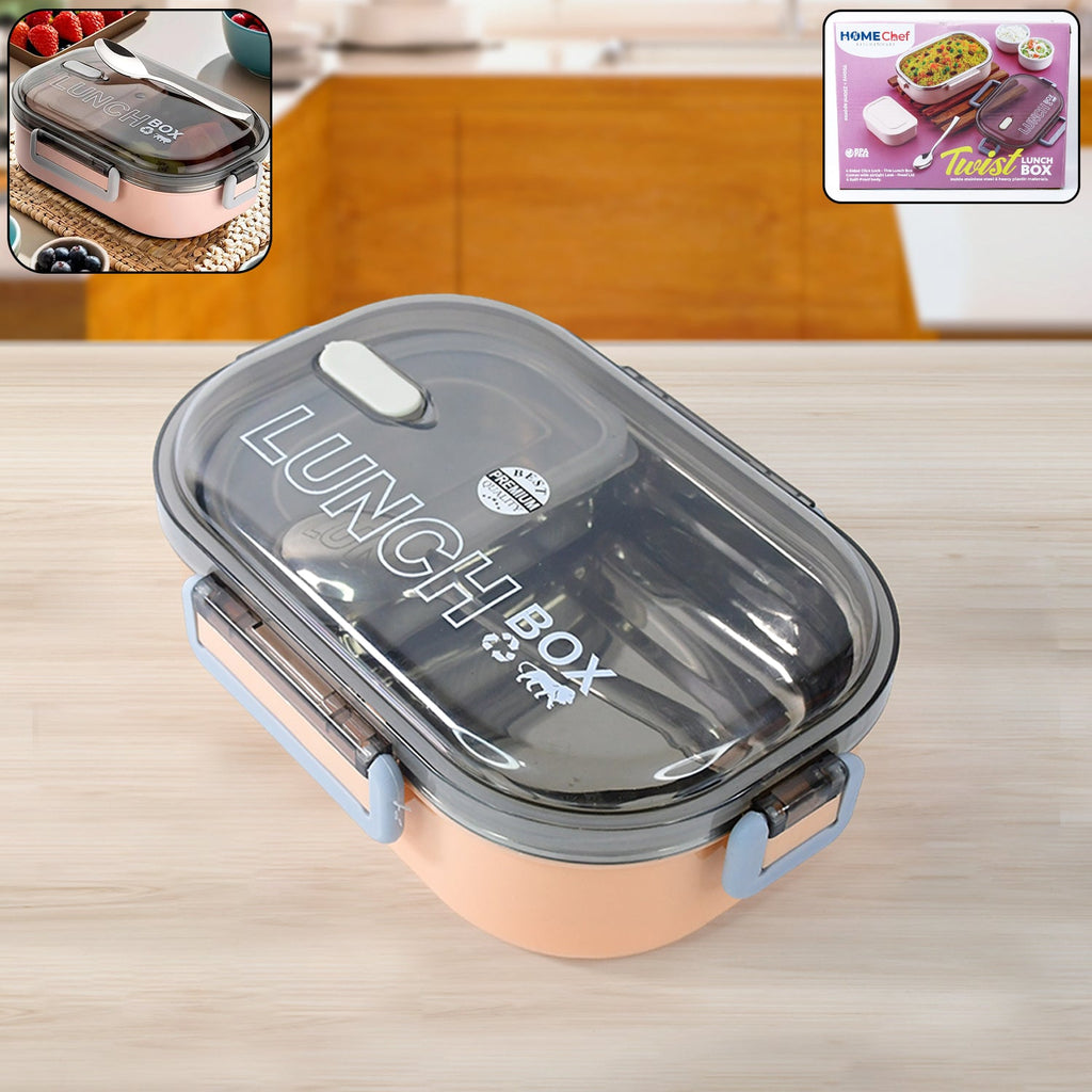 Angled view of leak-proof stainless steel tiffin lunch box
