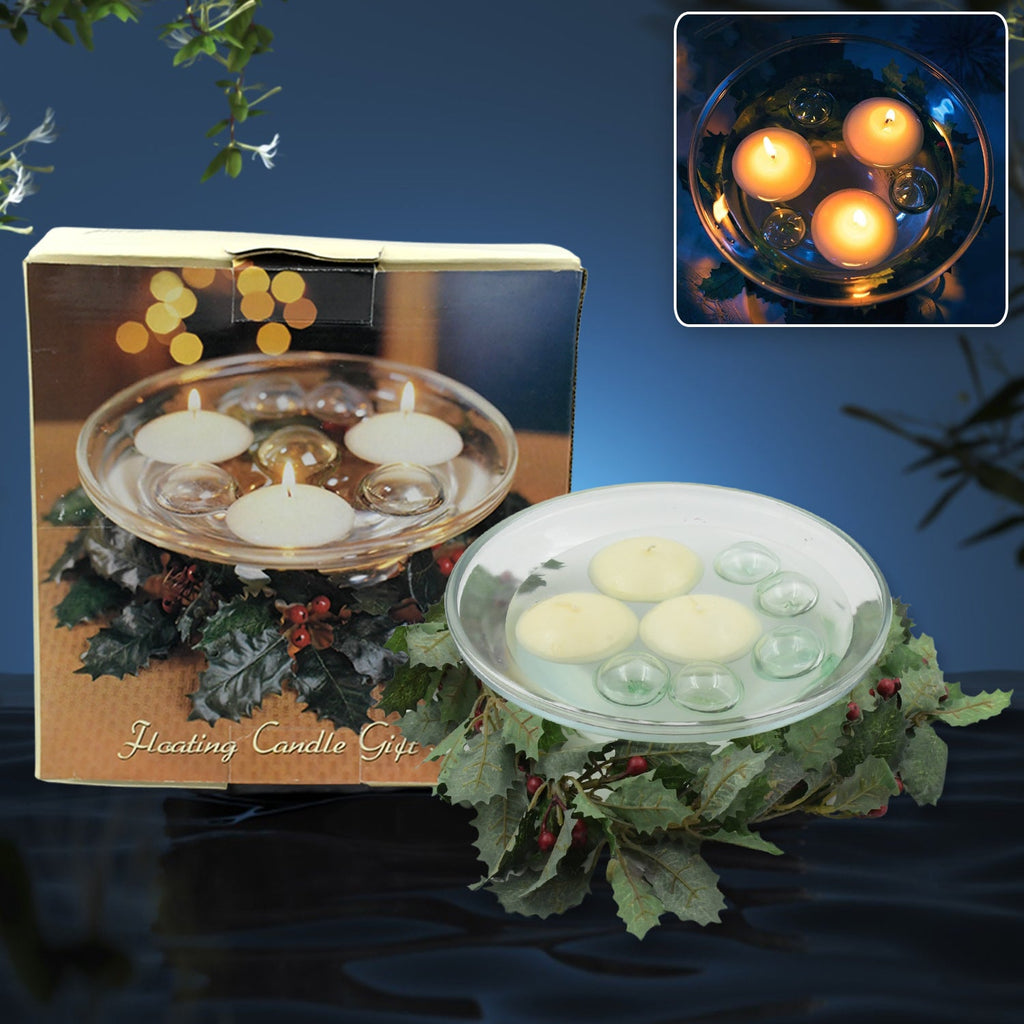Glass floating candle holder creating romantic ambiance on water.