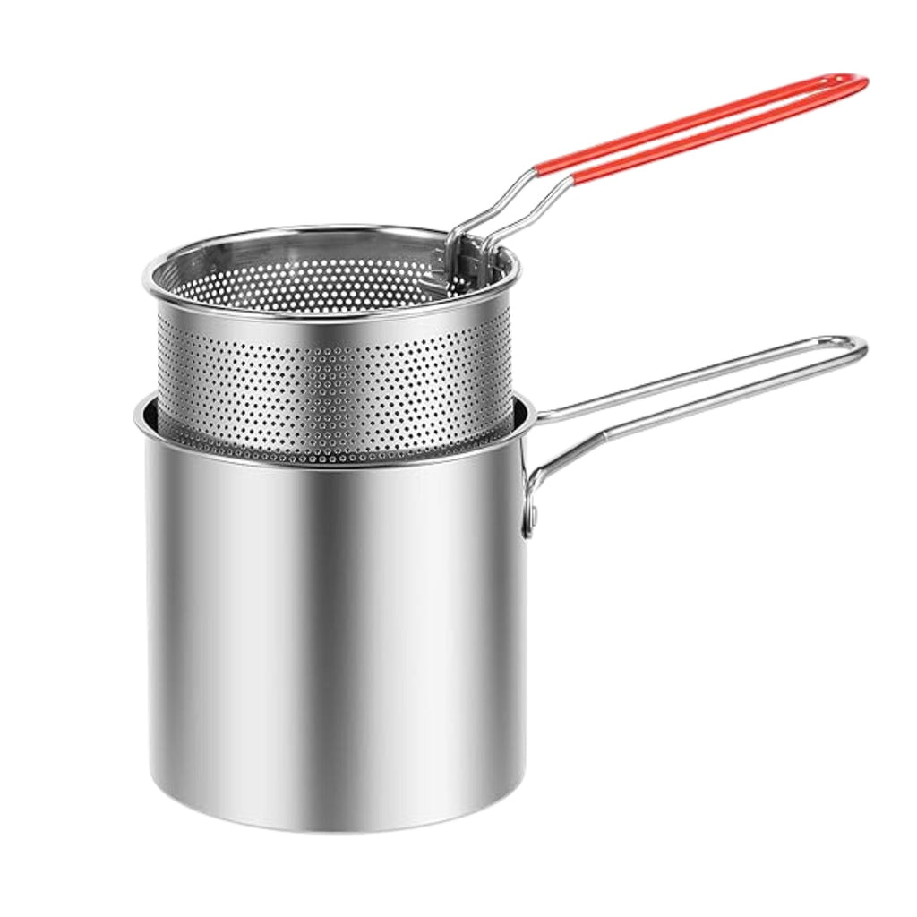 Complete 2-piece FirePot deep frying pot set with a stainless steel pot and wire strainer basket.