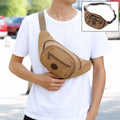 Brown canvas waist bag with leather accents shown front view