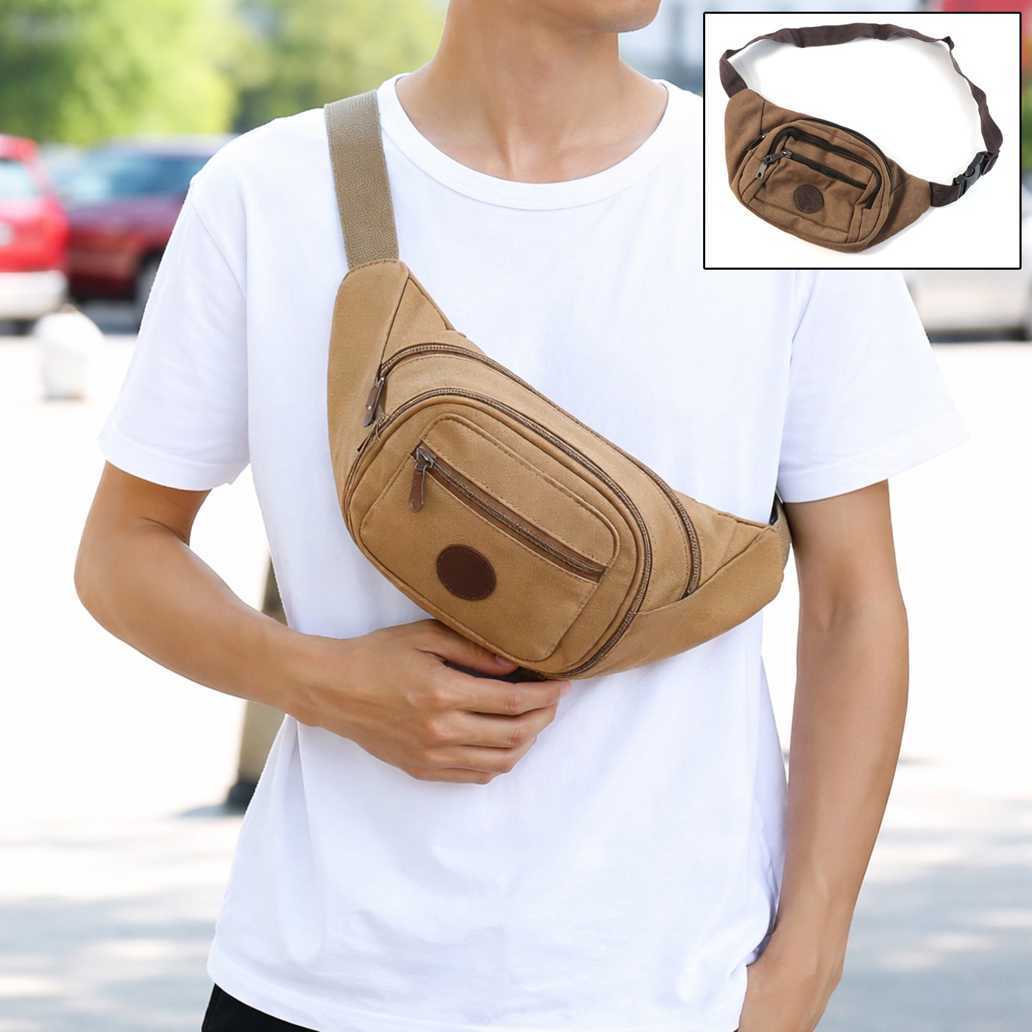 Brown canvas waist bag with leather accents shown front view