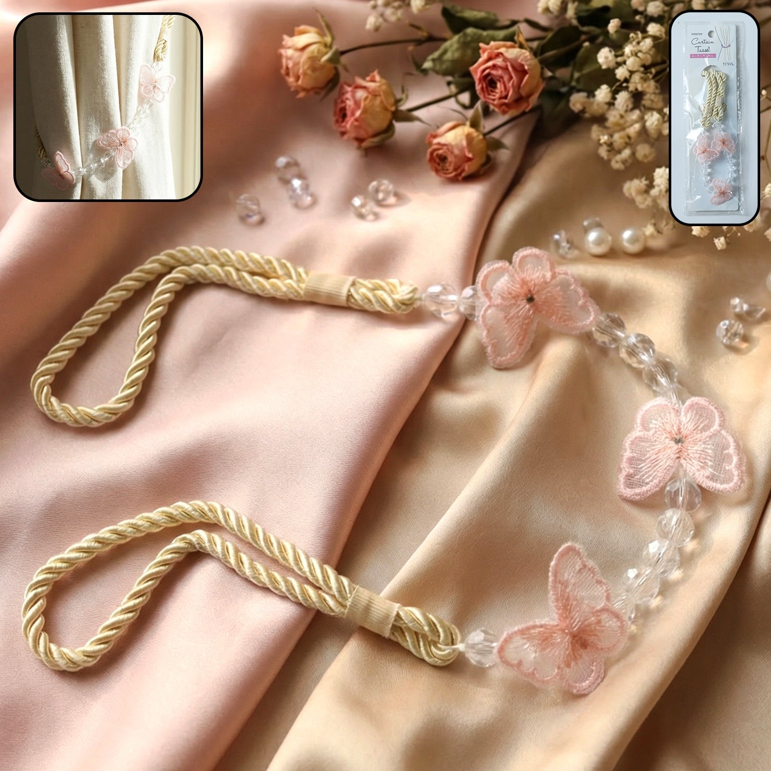 Luxury floral beaded curtain tieback with butterfly and crystal beads