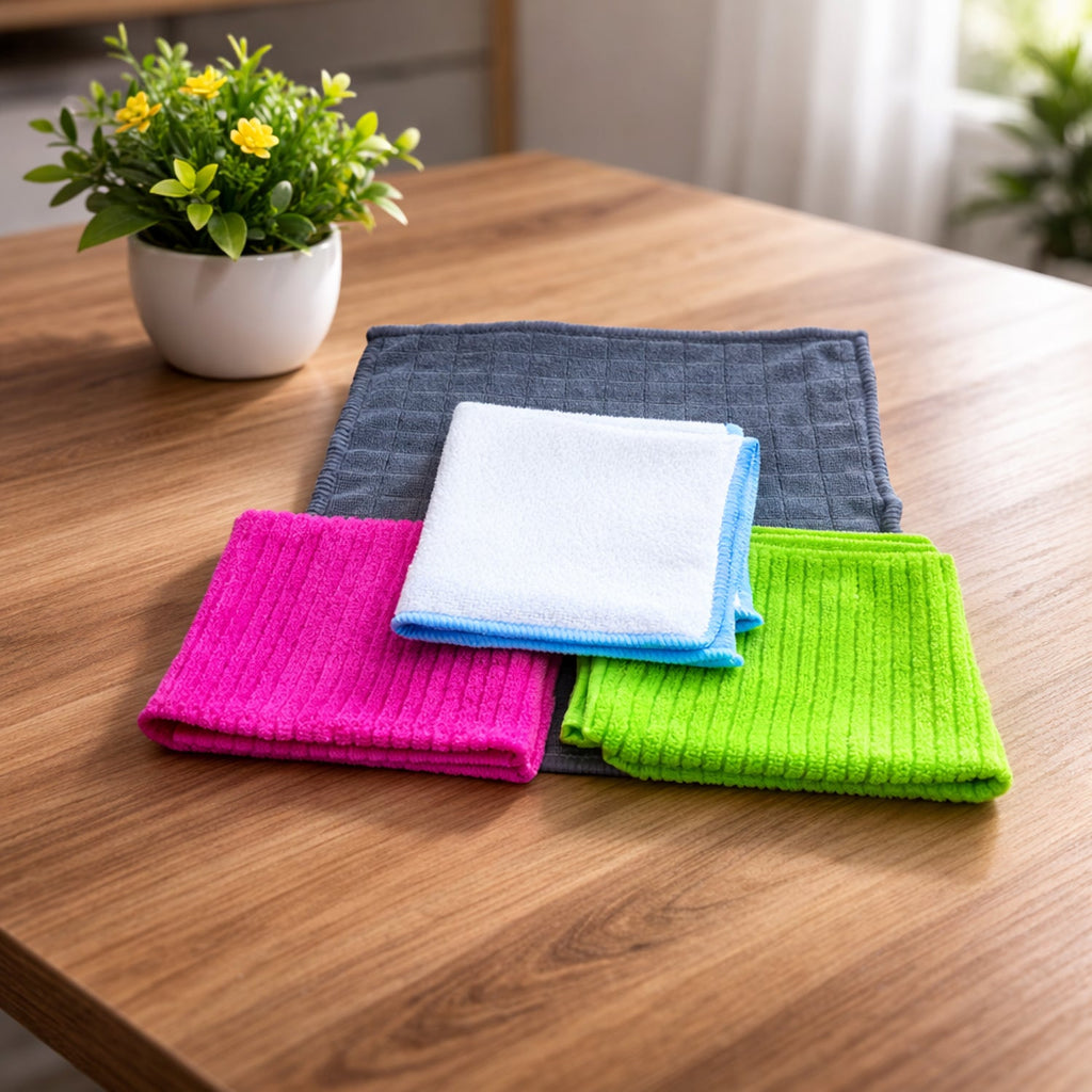 Display of microfiber cleaning cloth set showing four soft cloths