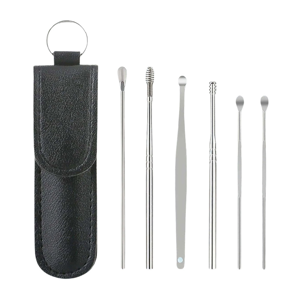 The comprehensive ear wax cleaner kit displayed with its elegant black leather travel pouch.