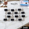 Set of 12 black metal binder clips 19mm on white background