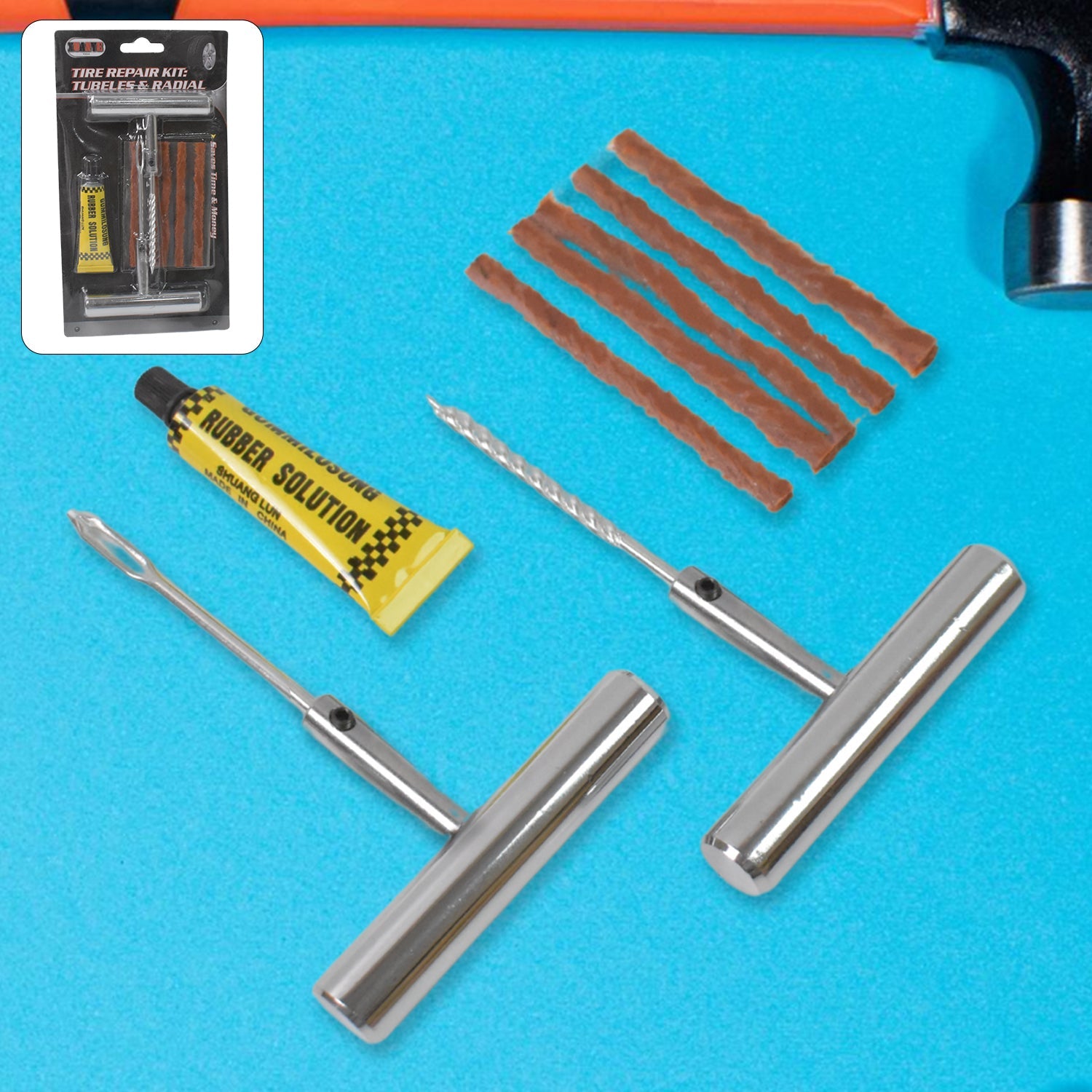 Arrive Kit tubeless tyre repair kit with all tools shown.