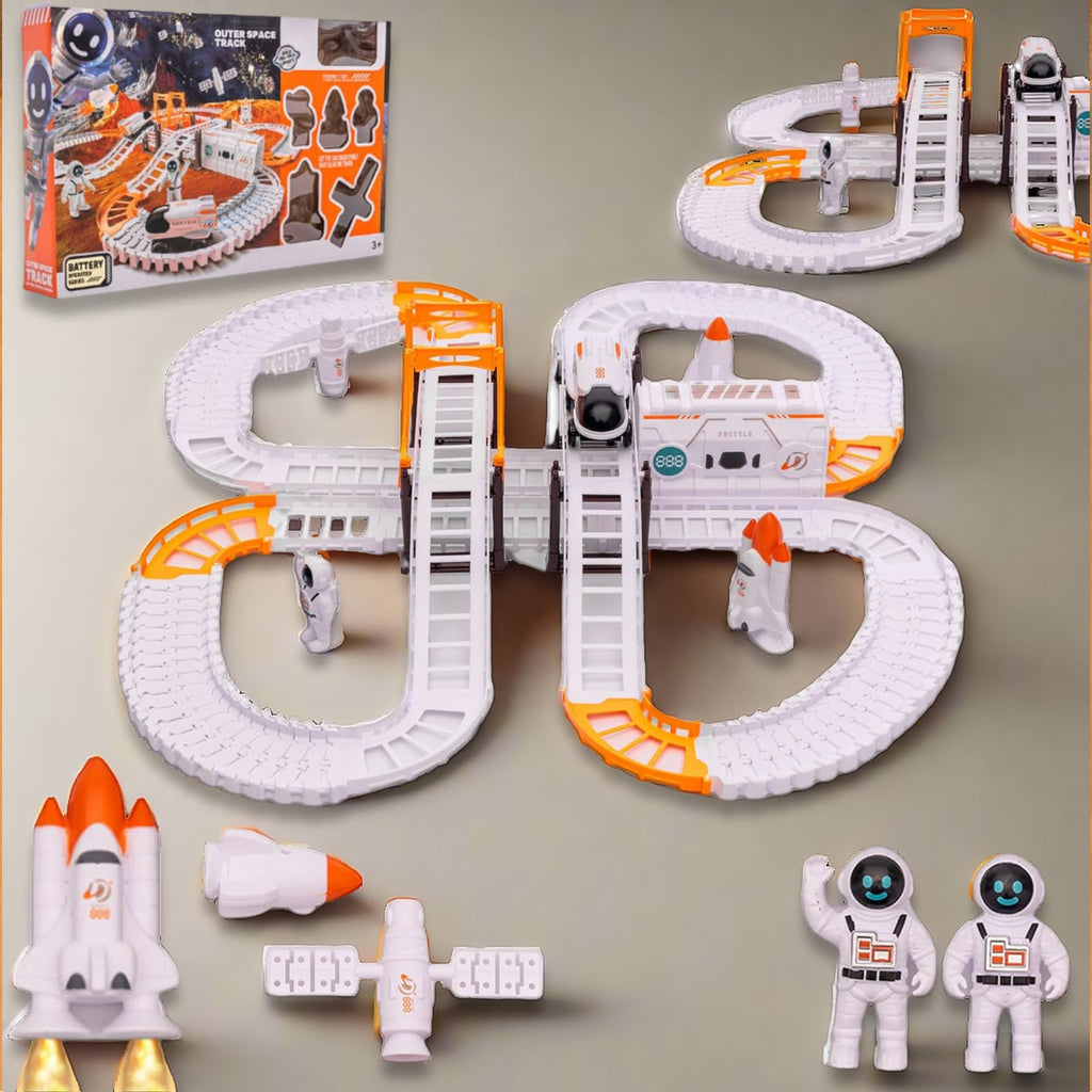Kids playing with a vibrant Space Race Track Set and astronaut figures.