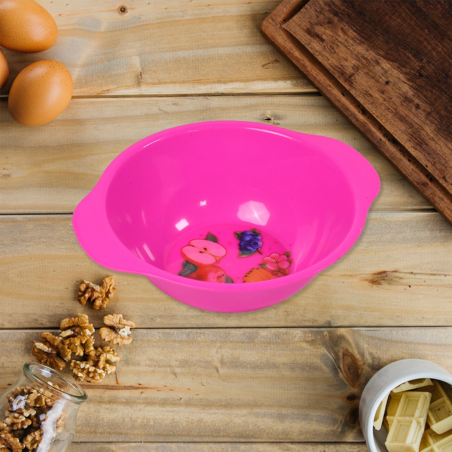 Small, lightweight plastic snack bowl, ideal for kitchen use.