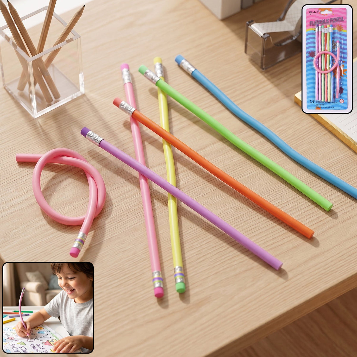 Close-up of flexible bendable pencils with eraser in vibrant pastel colours