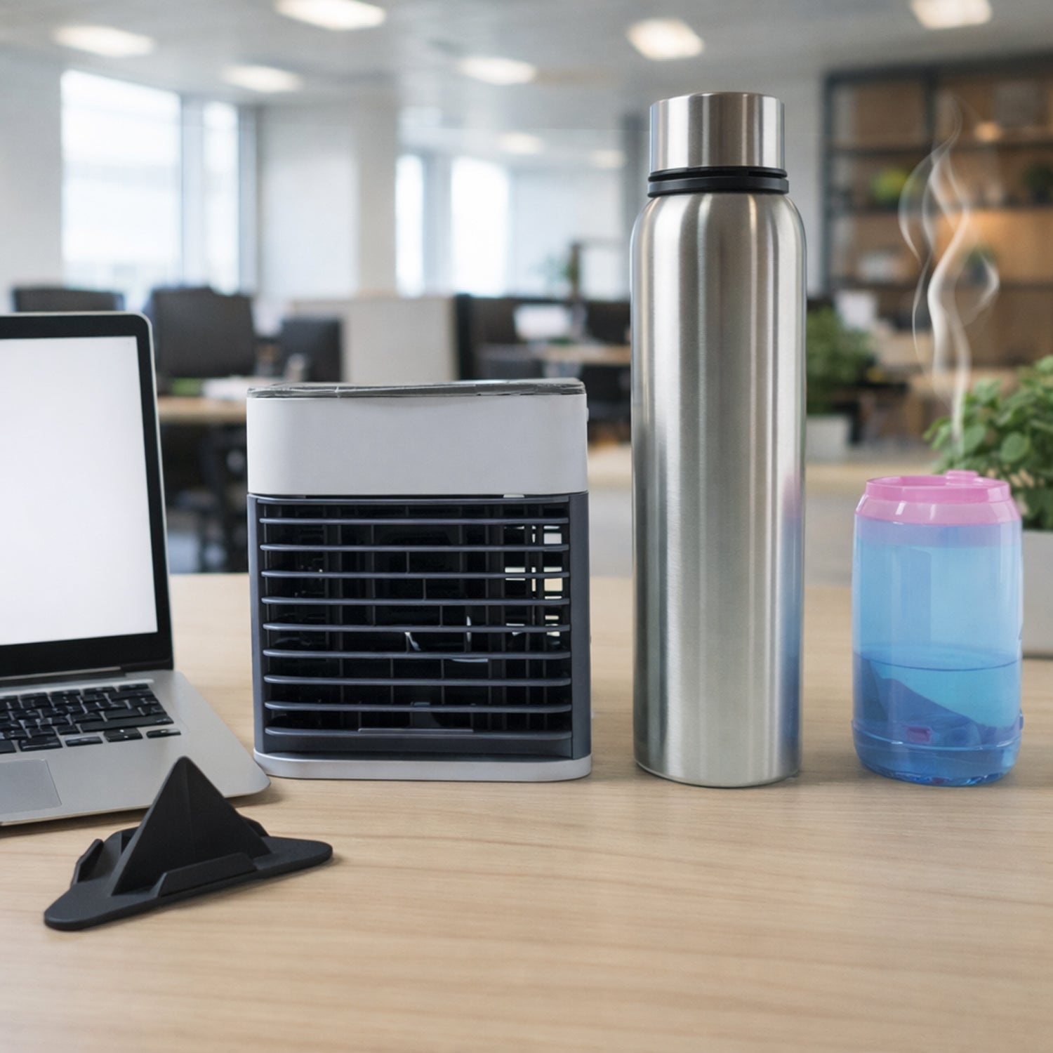Office Essentials Combo Set with mini air cooler and water bottles on desk