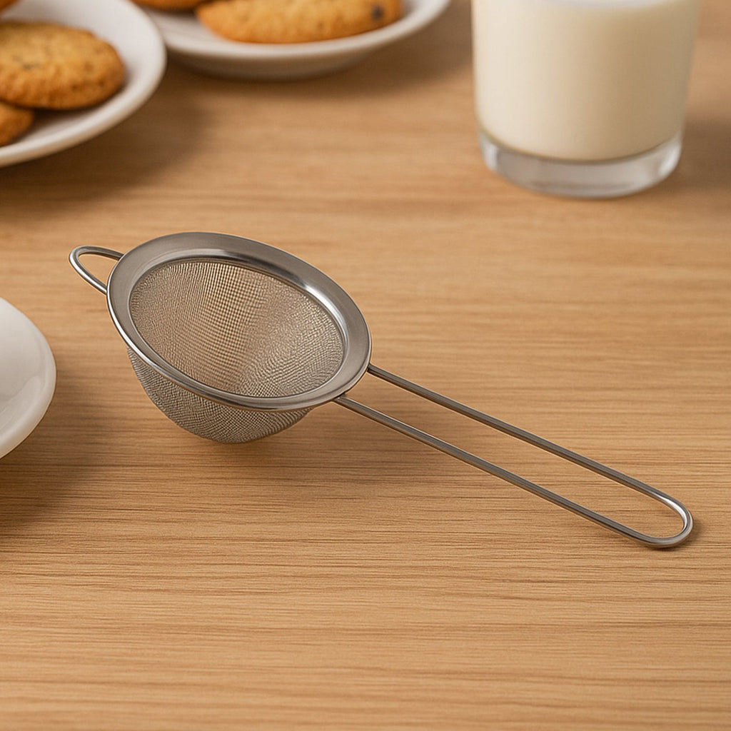 Stainless steel fine mesh strainer with slim ergonomic handle for kitchen use