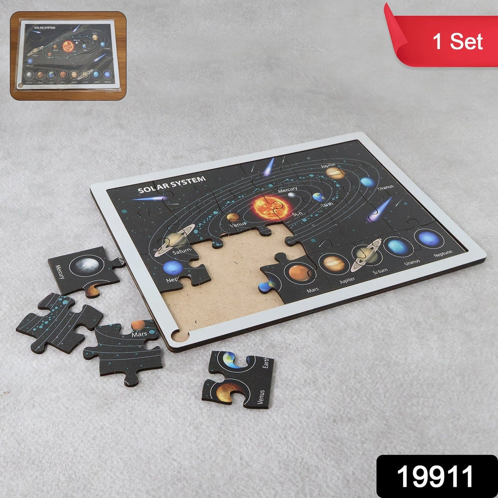 Close-up of wooden solar system puzzle pieces showing interlocking planets