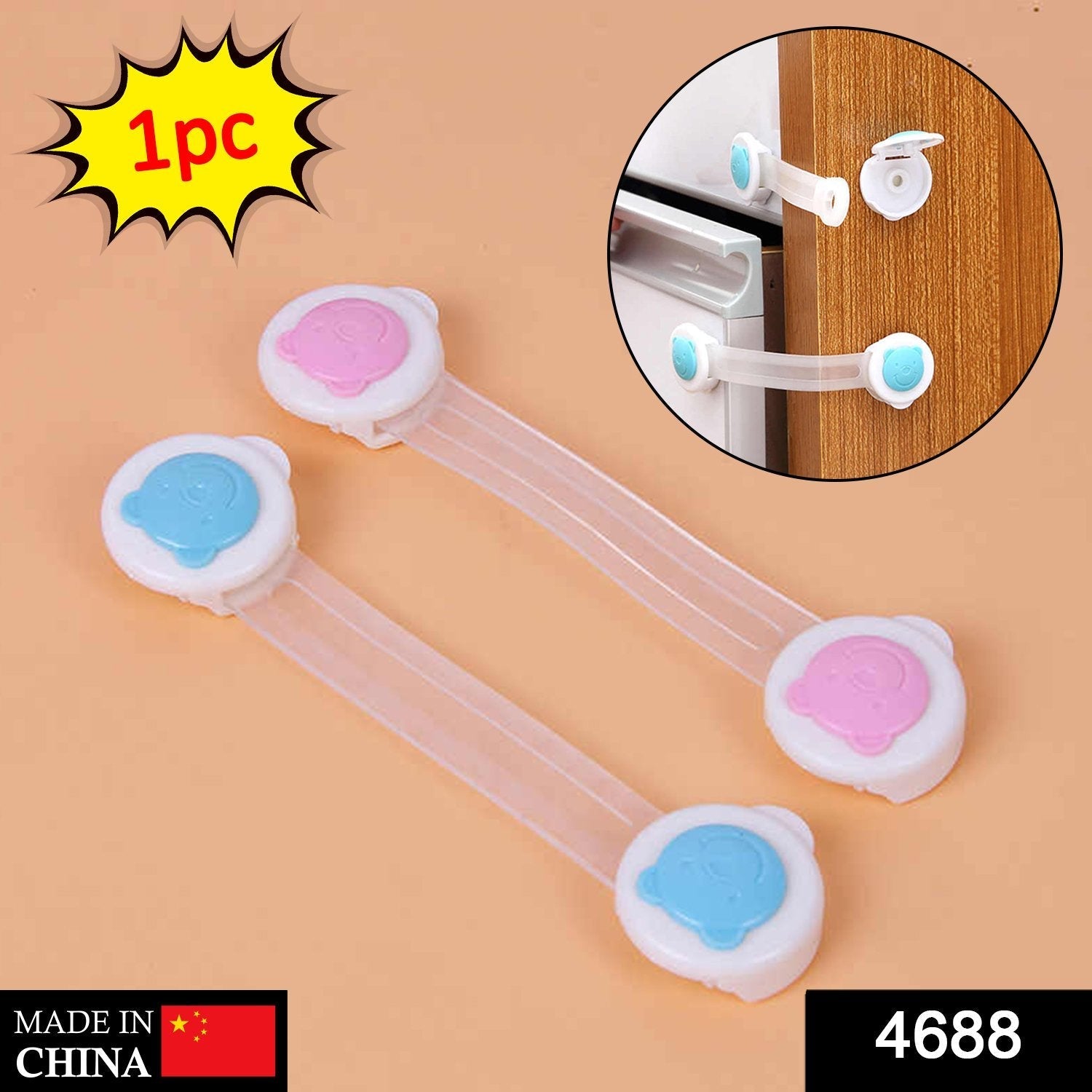 Dollovia Baby Safety Strap Lock securing kitchen cabinets, preventing child access to hazardous items.