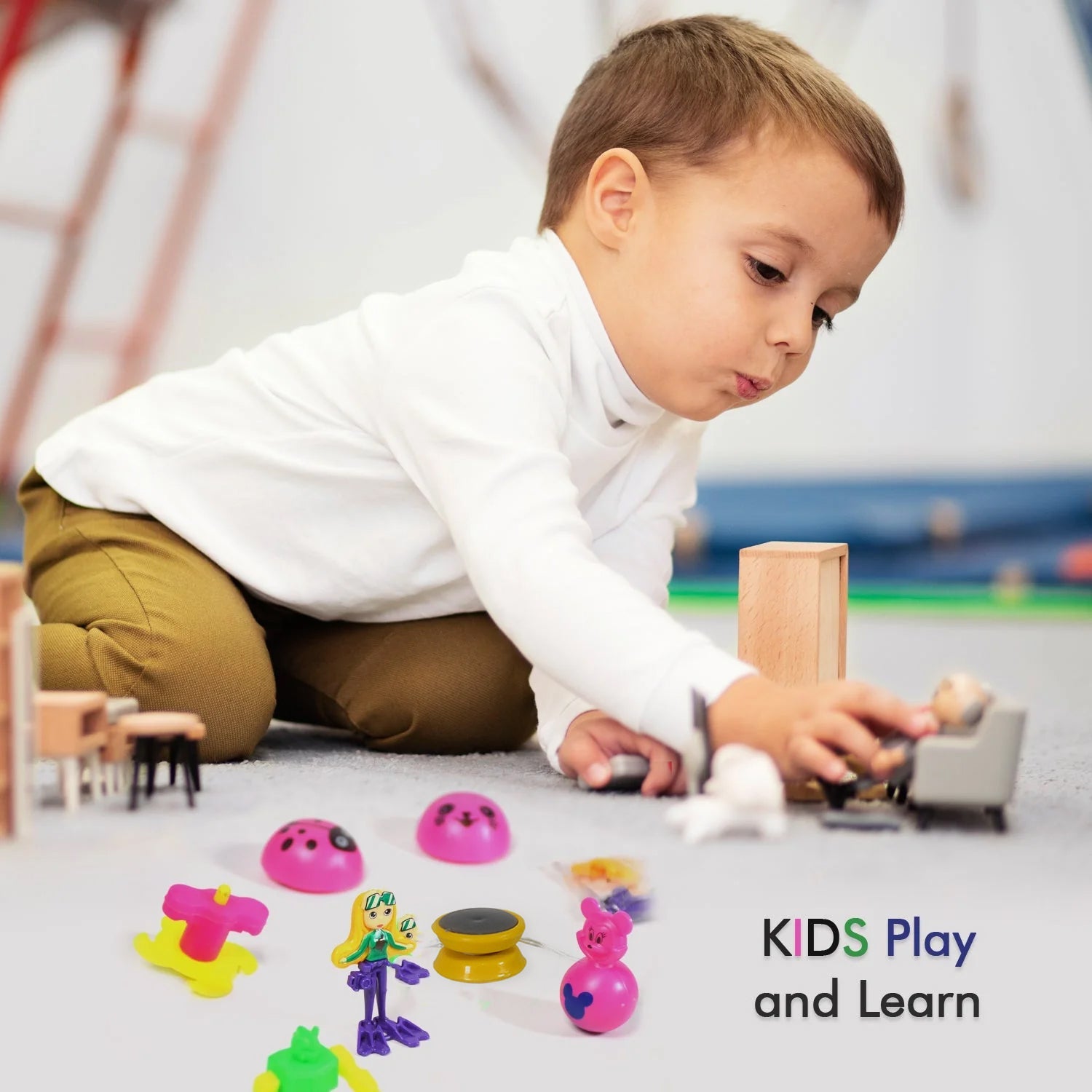 A collection of engaging toys for kids spilling out of the plastic container.