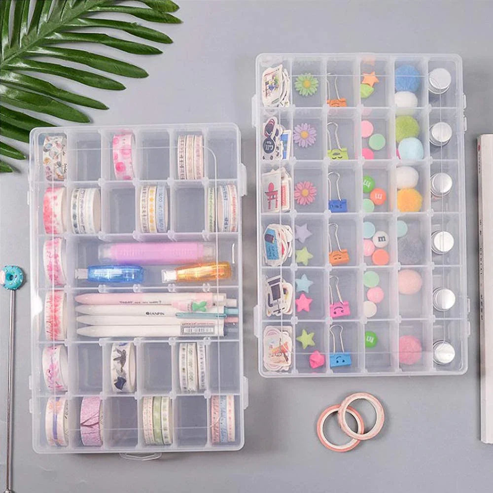 Transparent plastic organizer box with 36 compartments, ideal for beads.